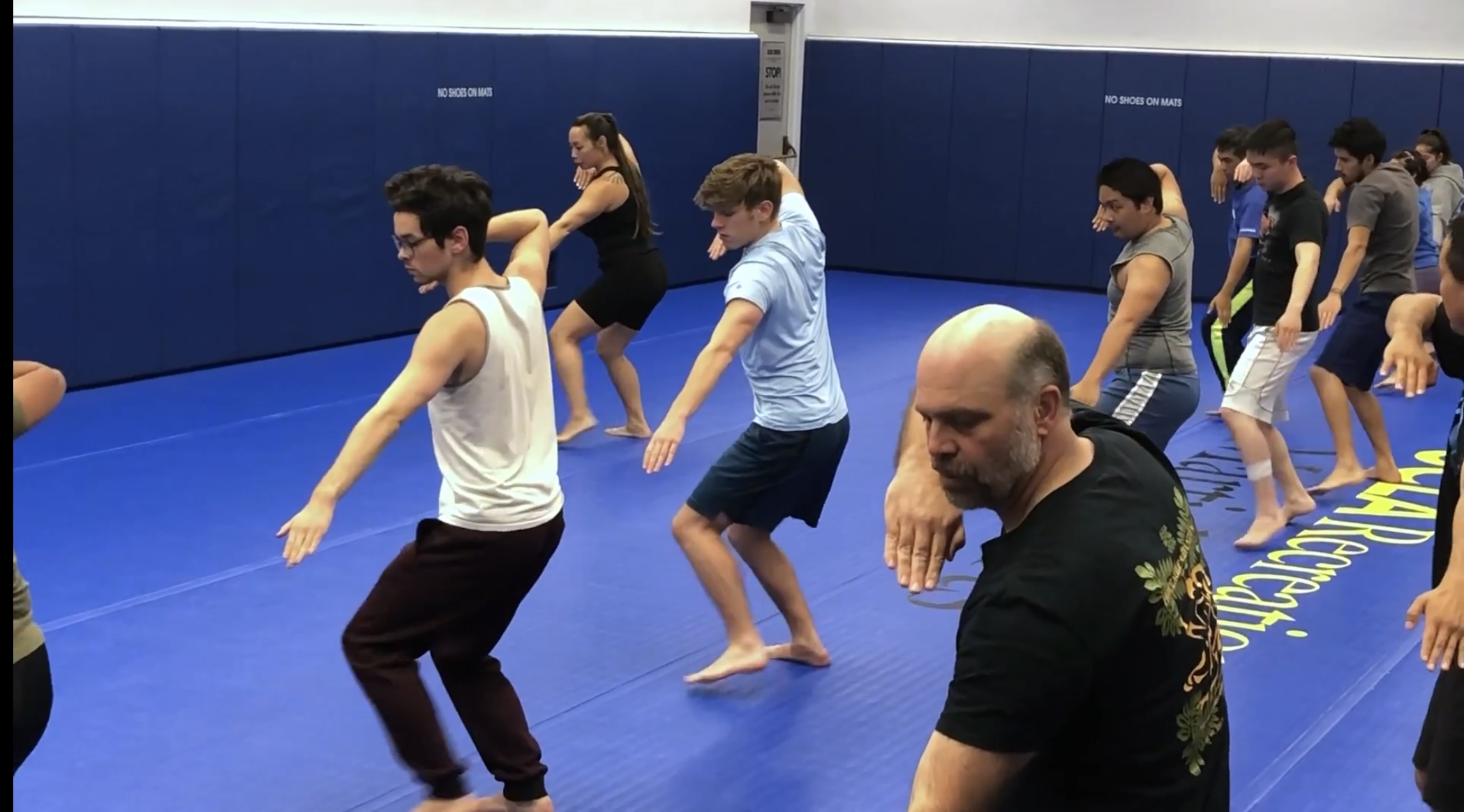 A group of approximately ten individuals, mostly young men and one woman, are practicing martial arts or a similar discipline on a blue mat in what appears to be a gym or dojo. Most of them are barefoot and performing a coordinated movement, with their arms extended to the sides and knees bent in a low stance. In the foreground, a bald man with a beard, wearing a dark t-shirt with a green design, is focused on the movement. The words "LLA Recreation" are partially visible on the blue mat in yellow. The background has white walls and more blue matting.