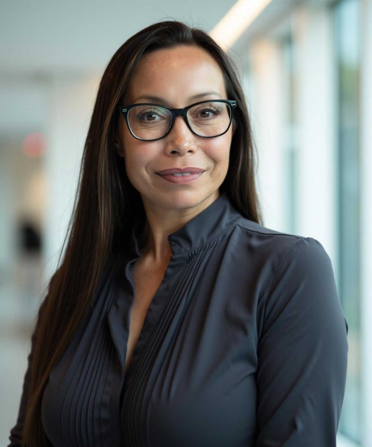 Dr. Michelle Manu, wearing glasses and a dark pleated blouse, stands confidently in a brightly lit hallway with large windows. She has long straight hair and a calm, professional expression.